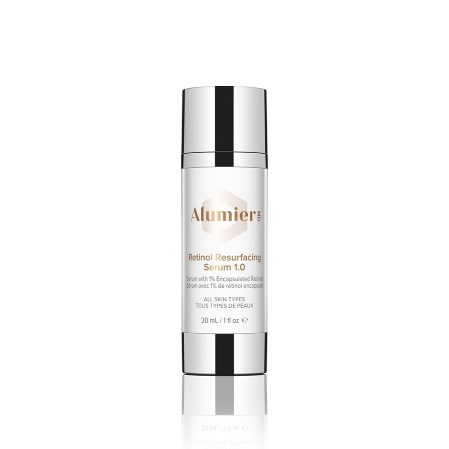 AlumierMD Retinol Resurfacing Serum 1.0 – slow-release 1% retinol with soothing botanicals and niacinamide for visible skin renewal.