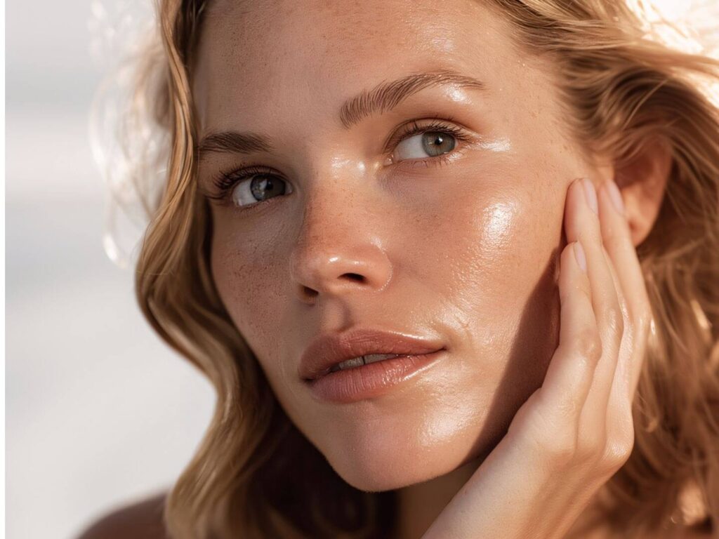 Young woman enjoying the sun, with healthy skin protected by retinol, IBR-UrBioTect®, and IBR-TCLC® against UV damage, pollution, and blue light.