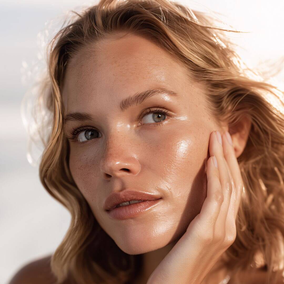 Young woman enjoying the sun, with healthy skin protected by retinol, IBR-UrBioTect®, and IBR-TCLC® against UV damage, pollution, and blue light.